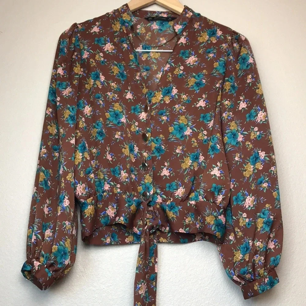 Zara | Brown Floral Tie Top - Picture 1 of 8